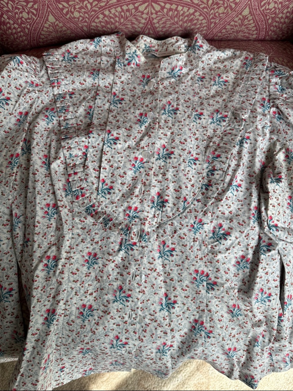 Batsheva X Laura Ashley Lee Blouse pleated Cream Floral Ruffled Yoke Blouse